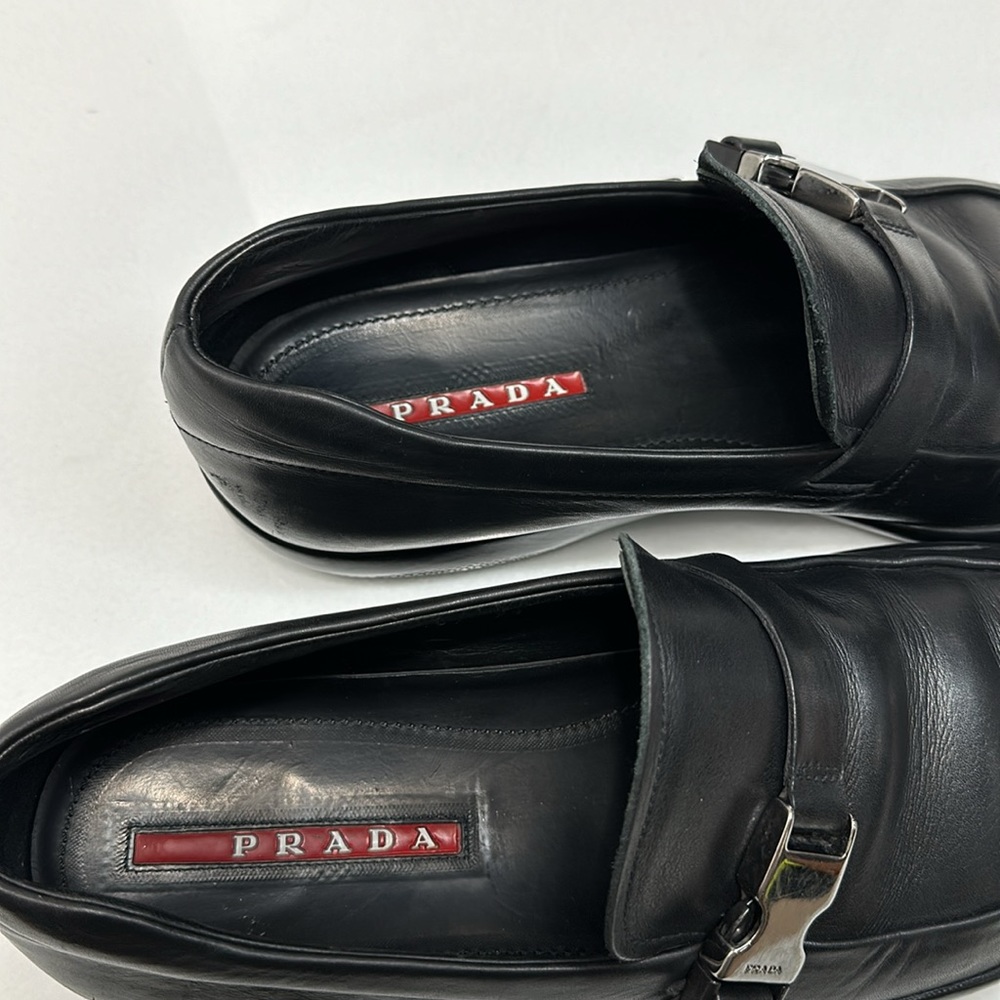Prada men’s Spazzolato Rois buckle loafers size 9.5 PS1187 black leather shoes - Picture 7 of 12